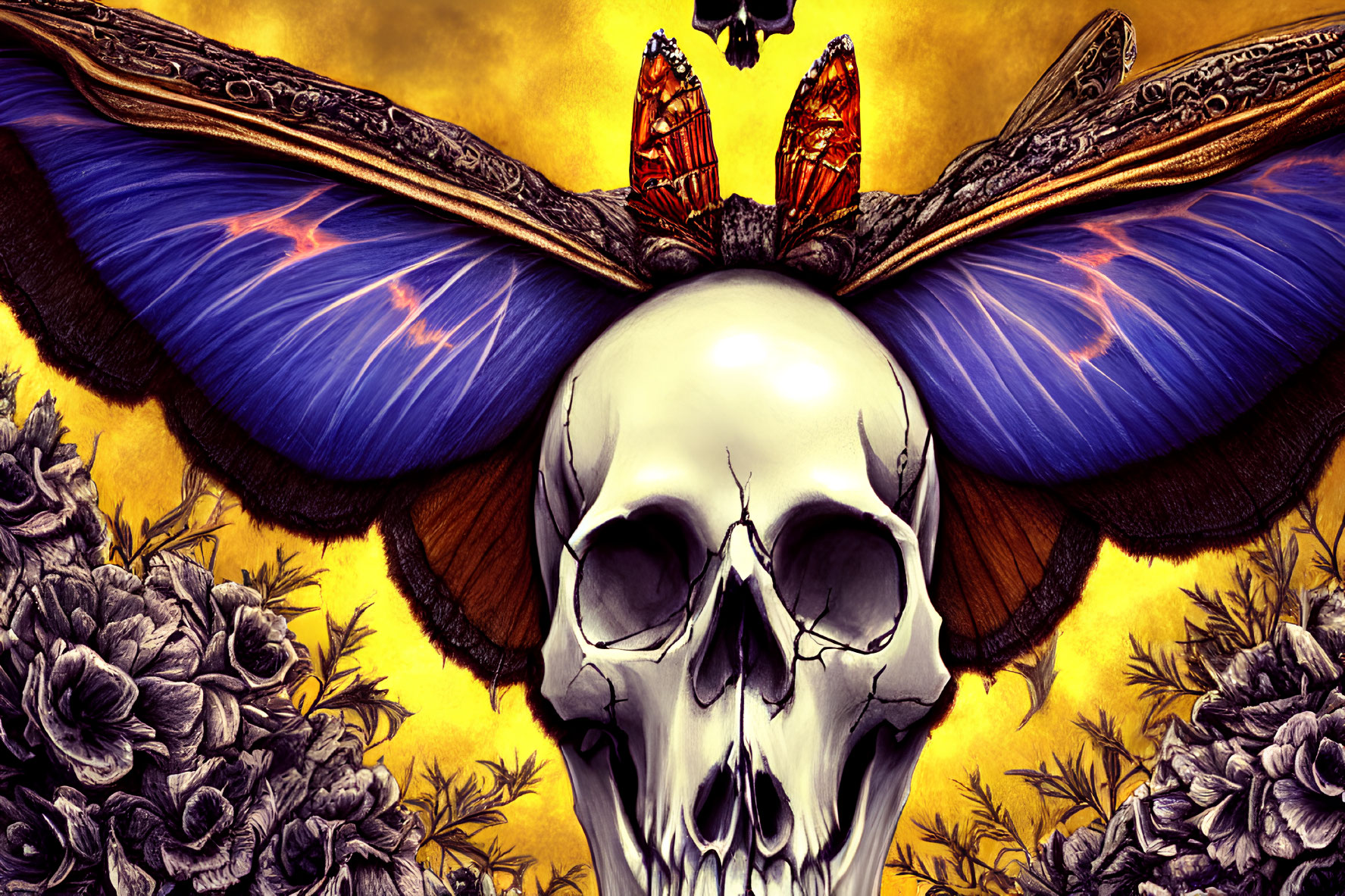 Skull with Blue and Black Butterfly Wings on Yellow Background
