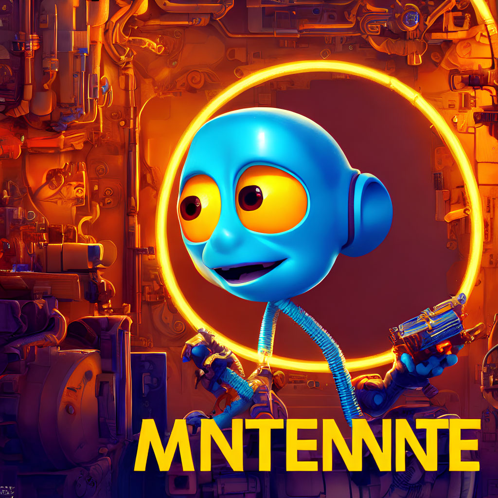 Blue robot with large eyes and headset on mechanical background with orange lighting and "ANTENNATE" displayed