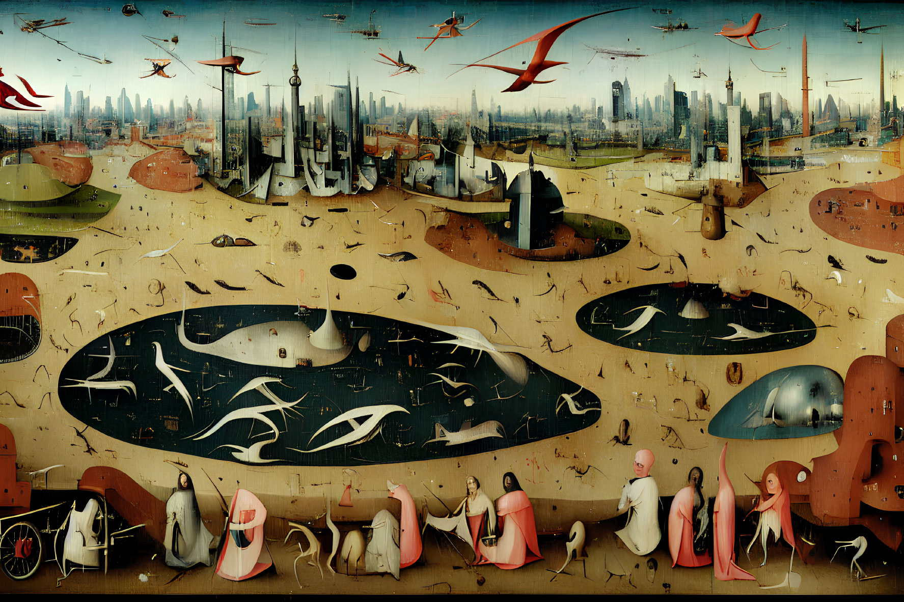 Futuristic surreal painting: dystopian landscape, anthropomorphic figures, fantastical creatures, city sk