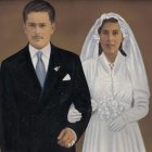 Exaggerated bride and groom painting with unsettling expressions