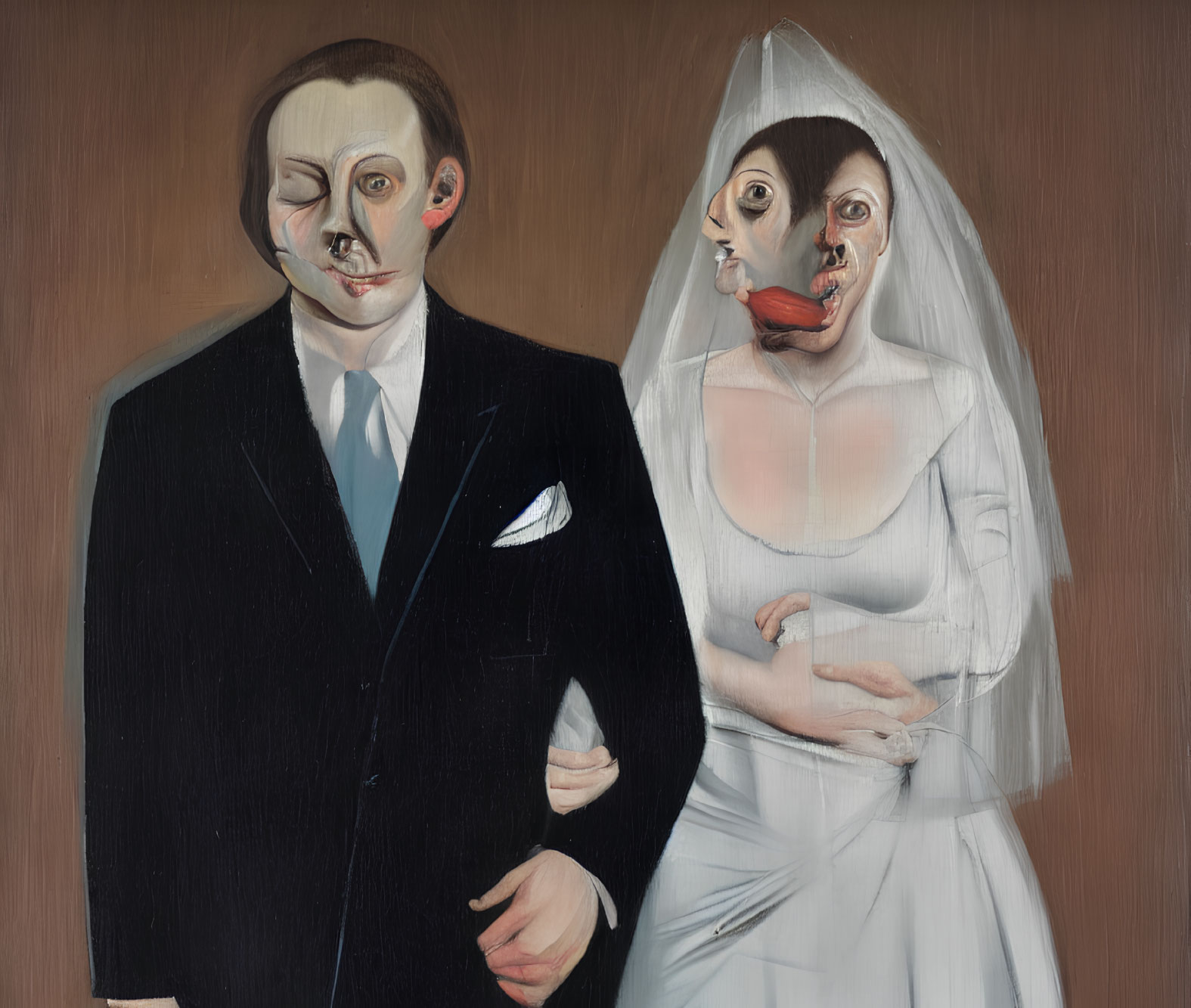 Exaggerated bride and groom painting with unsettling expressions
