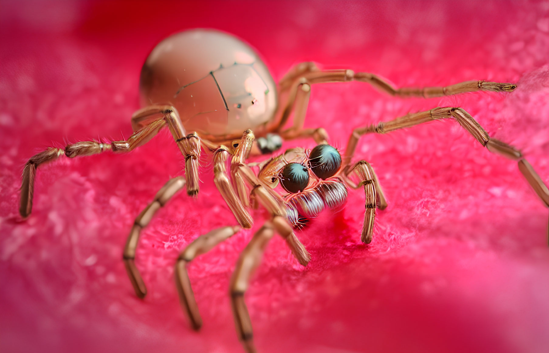 Macro Spider on Textured Red Surface: Reflective Abdomen & Detailed Eyes