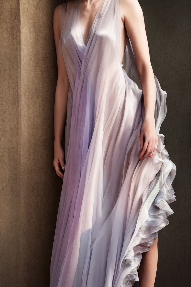 Elegant purple and white gradient gown on beige background