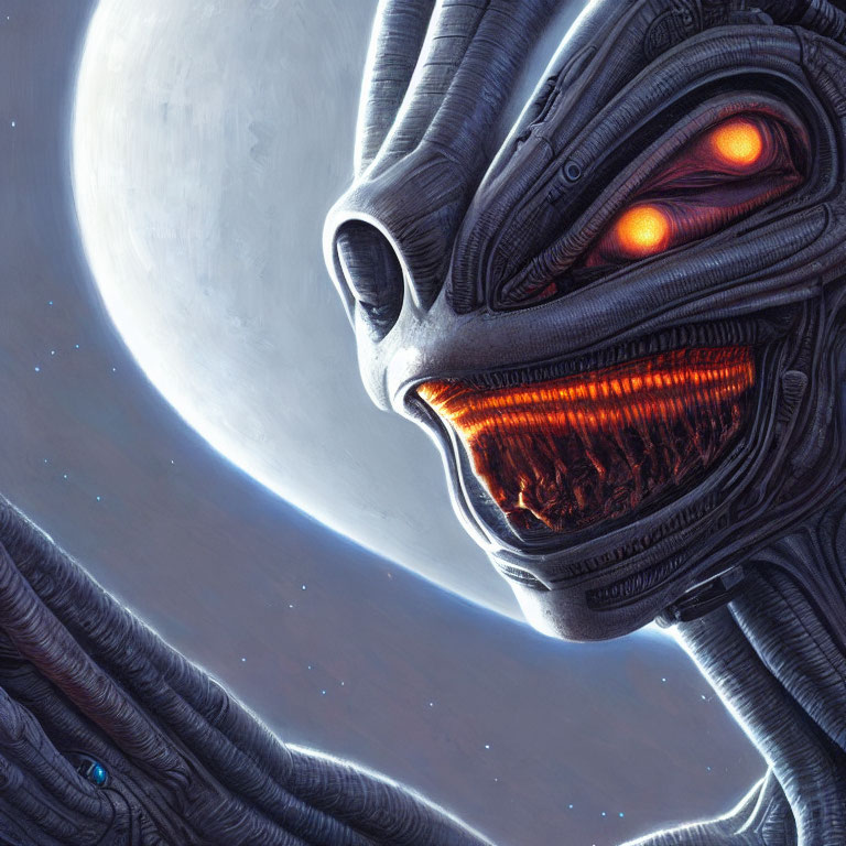 Detailed Extraterrestrial Creature with Glowing Eyes and Celestial Background