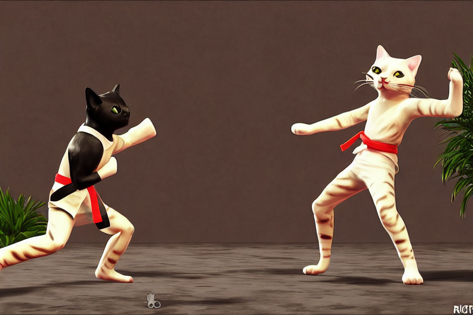 Animated cats in karate attire with black belts in dojo setting