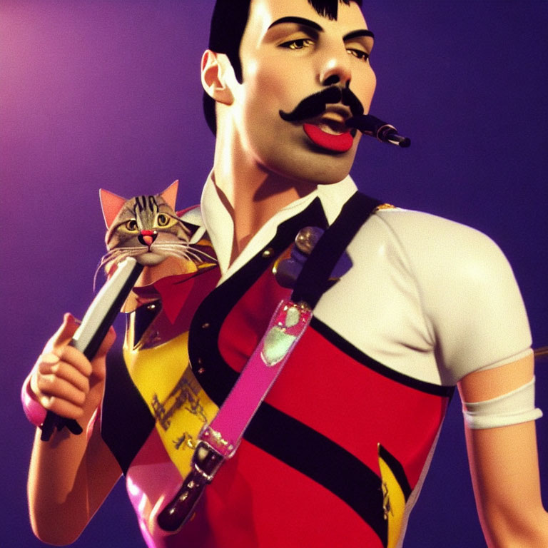 Illustrated man in harlequin outfit with mustache and microphone, cat on shoulder