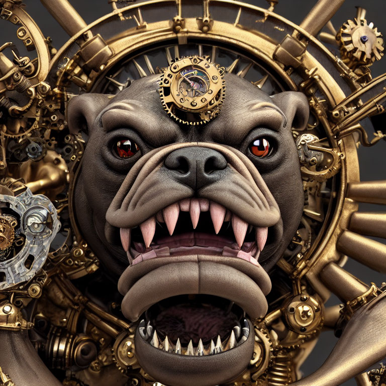 Intricate Steampunk Mechanical Bulldog with Red Eyes