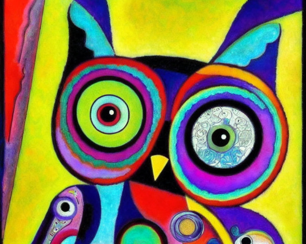 Colorful Abstract Owl Painting with Concentric Ring-Patterned Eyes