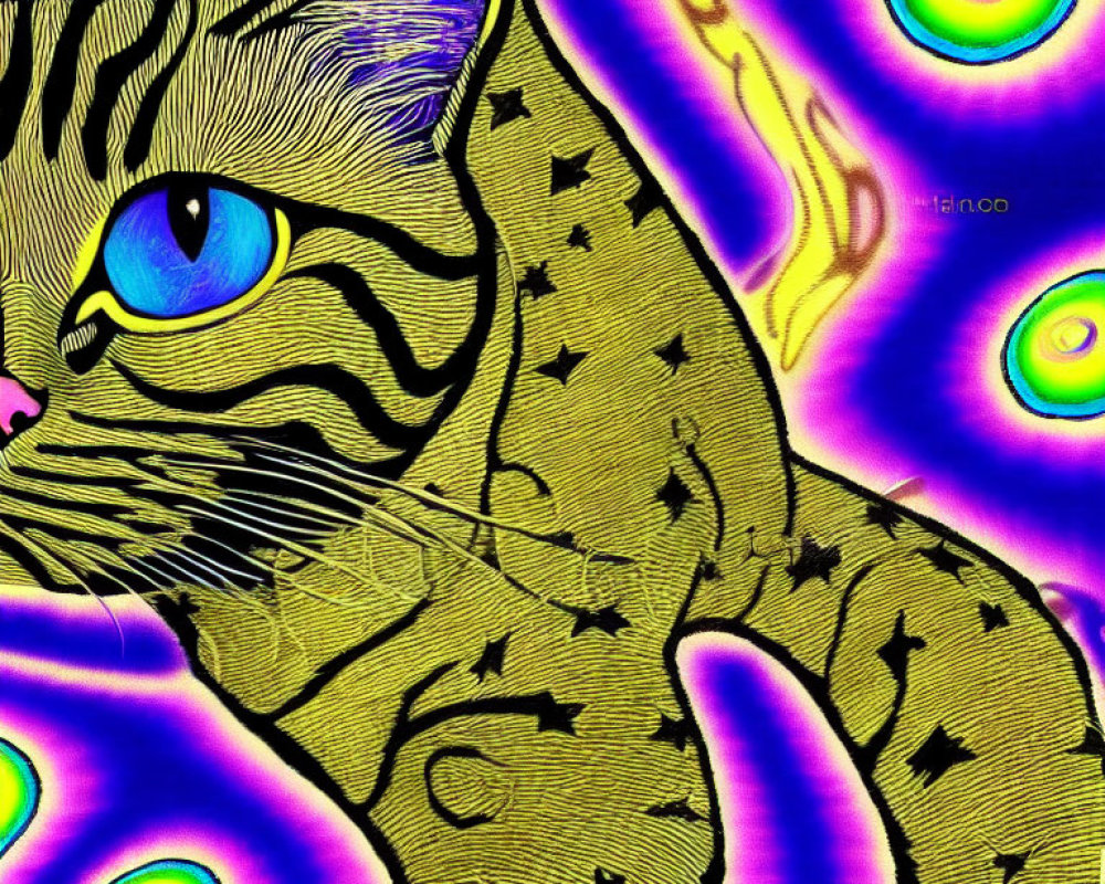 Stylized yellow cat on psychedelic purple background