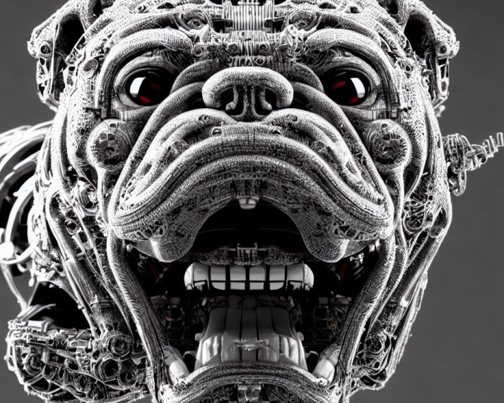 Detailed 3D rendering of mechanical bulldog head with glowing red eyes
