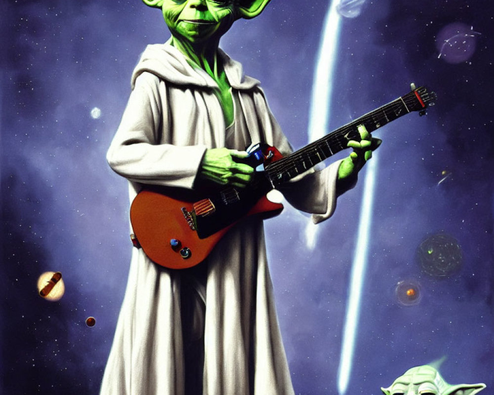 Two Yoda characters with orange electric guitar in space.