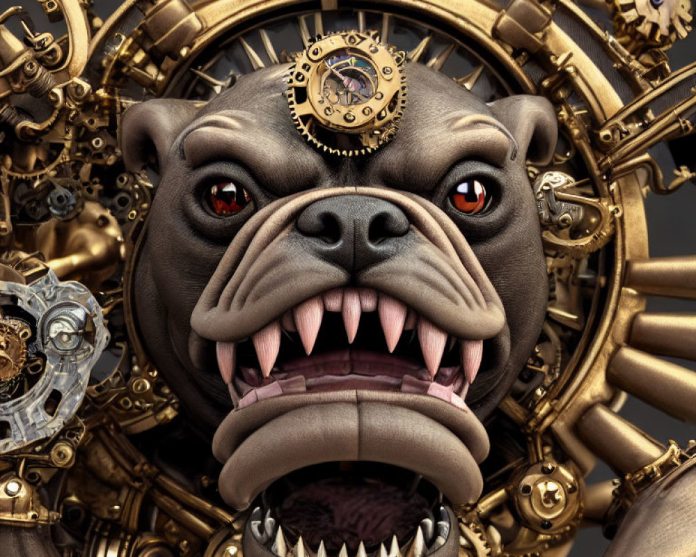 Intricate Steampunk Mechanical Bulldog with Red Eyes