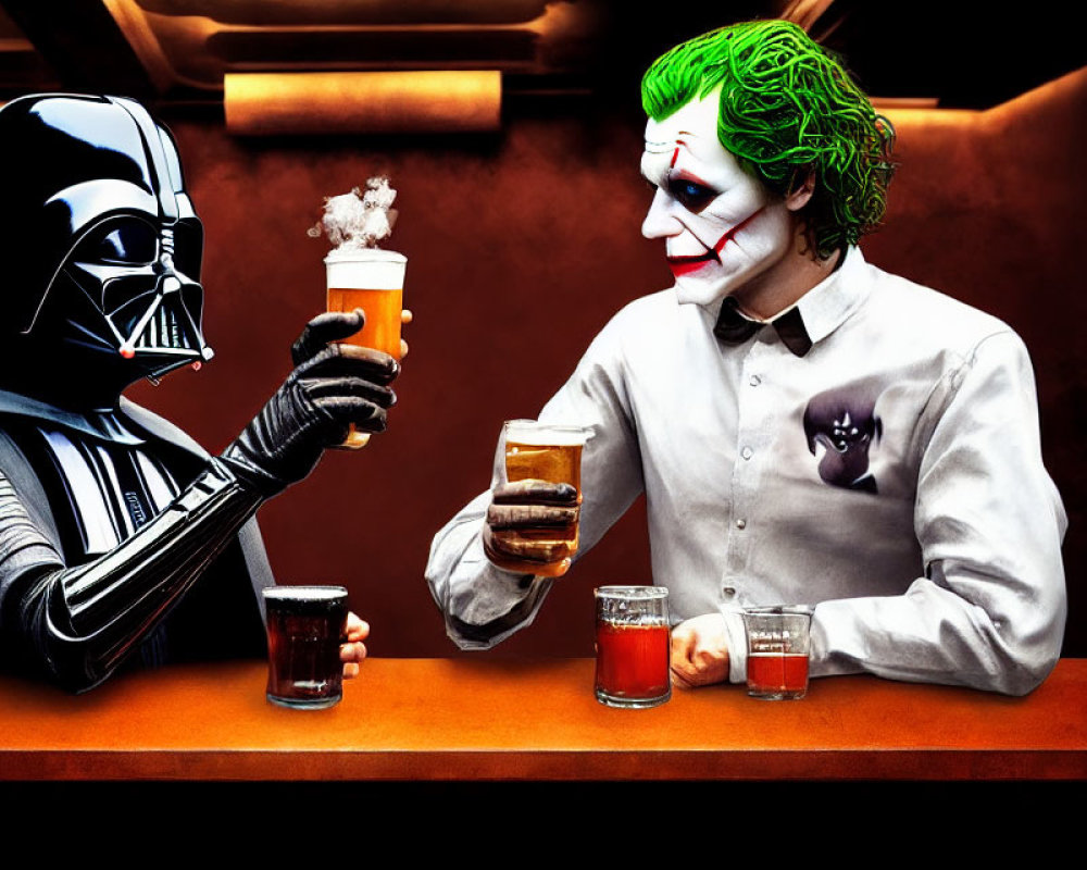Iconic villains sharing a drink in a warm bar scene