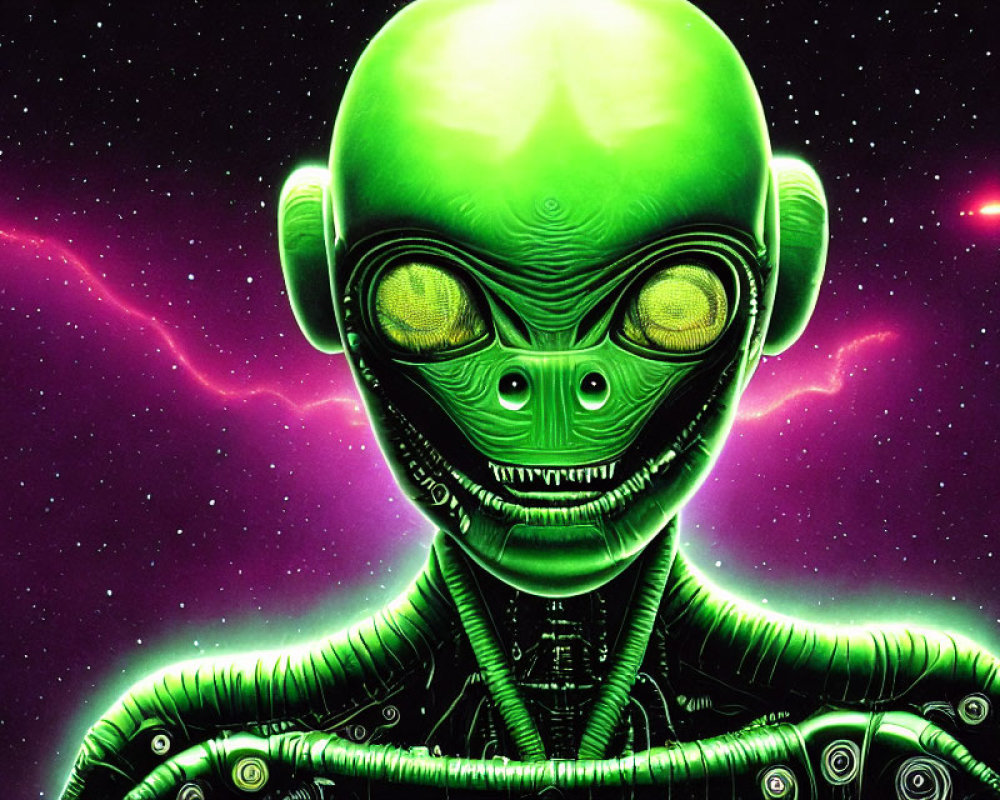 Green-skinned alien with yellow eyes in cosmic setting