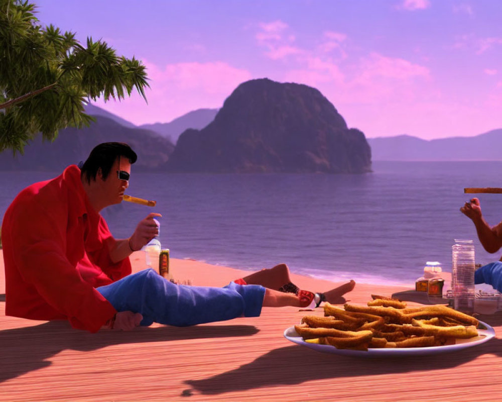 Animated characters having a meal by the sea in red shirt and sunglasses, one bald, in serene nature