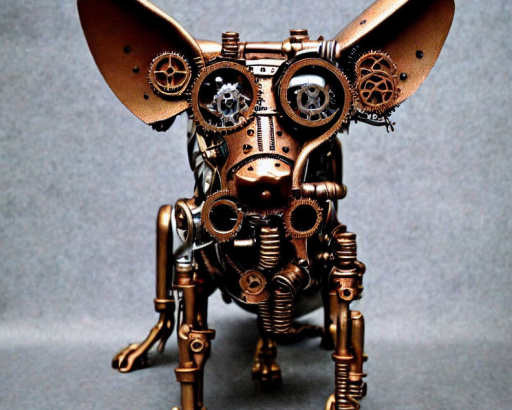 Steampunk-Inspired Metallic Dog Sculpture with Large Ears and Cog Eyes