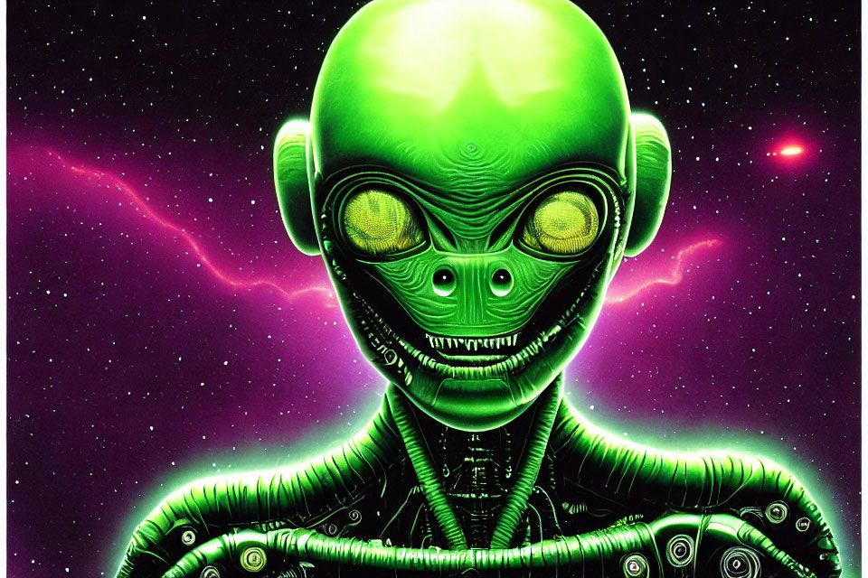 Green-skinned alien with yellow eyes in cosmic setting