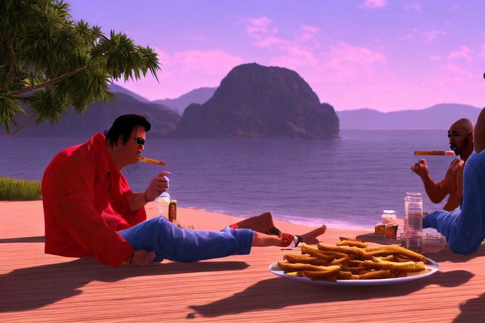 Animated characters having a meal by the sea in red shirt and sunglasses, one bald, in serene nature