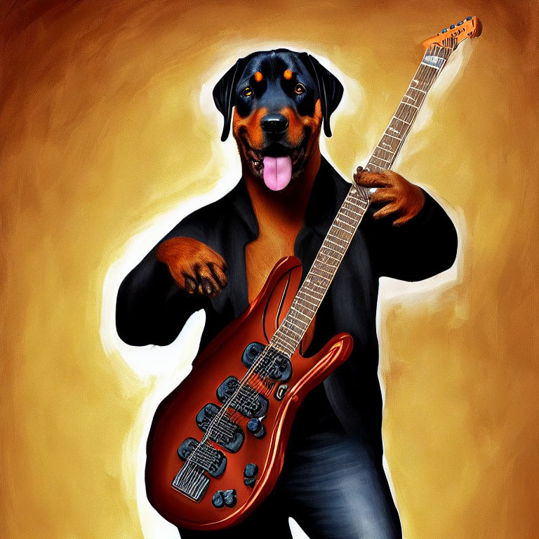 Anthropomorphic dog in black suit playing electric guitar on golden background