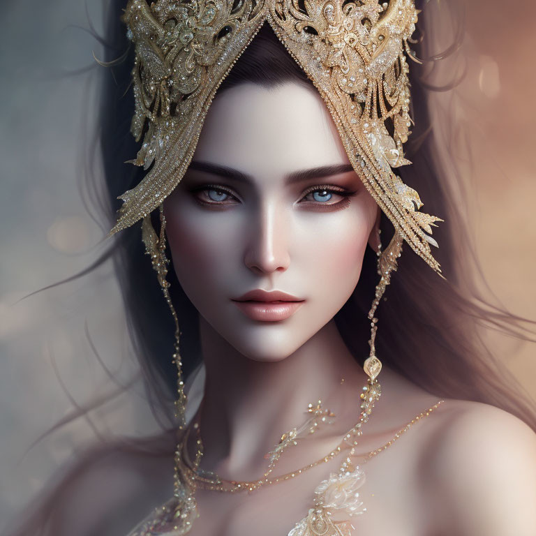 Digital artwork of a woman with striking blue eyes and long dark hair in ornate golden headpiece.