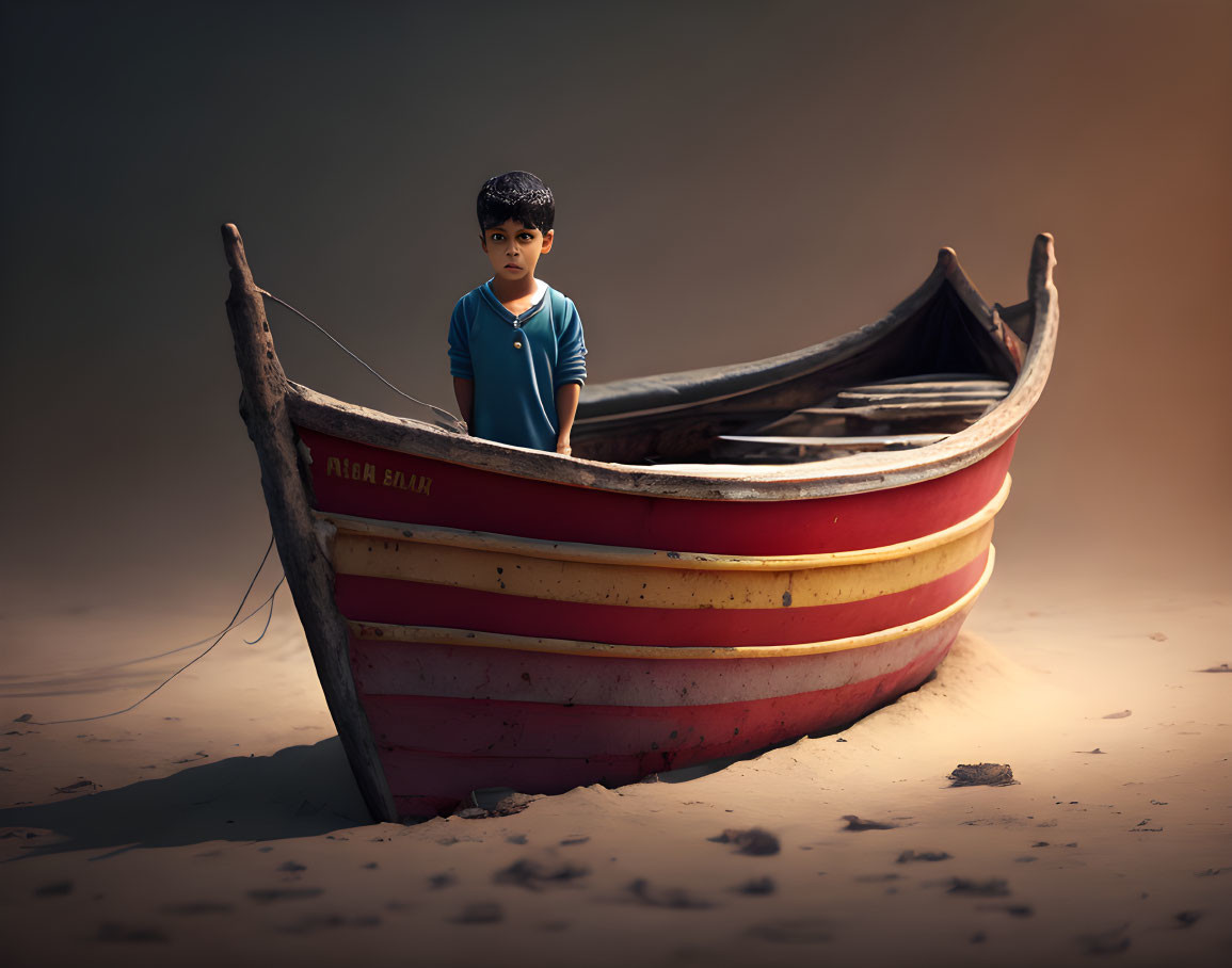 Child in red and yellow boat on sand with rope, thoughtful expression at dusk