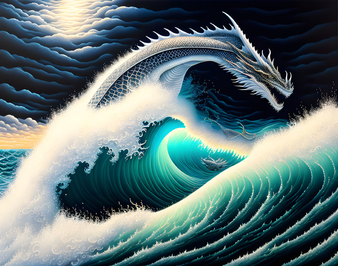 Majestic dragon in ocean waves under moonlit sky