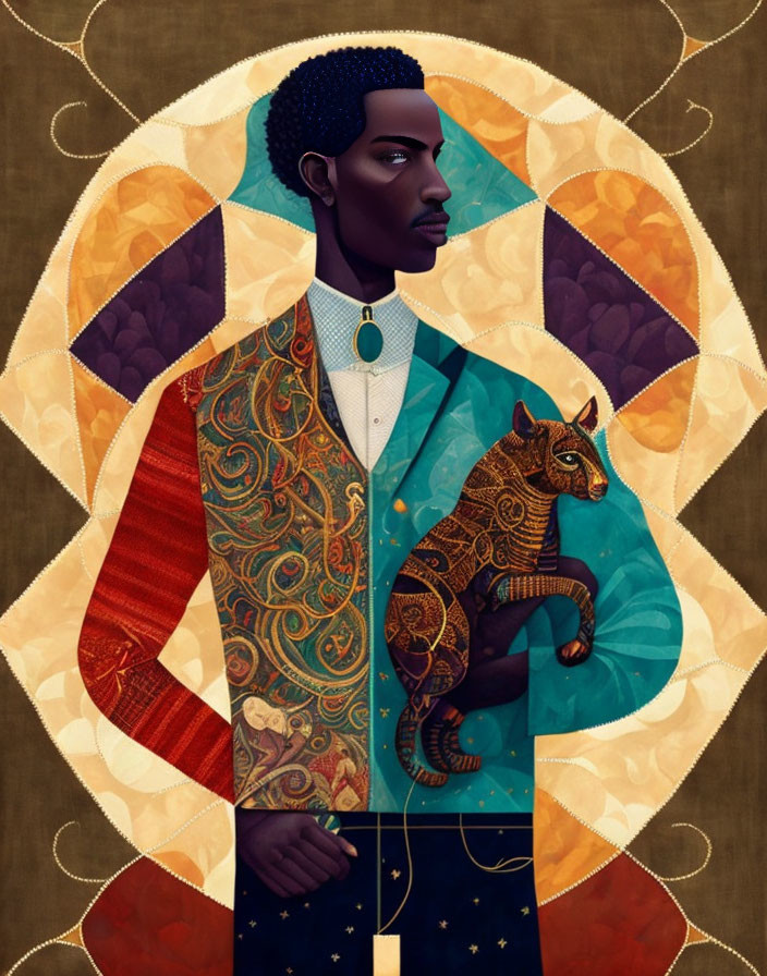 Vibrant man in patterned suit with ethereal lemur on shoulder against cosmic backdrop