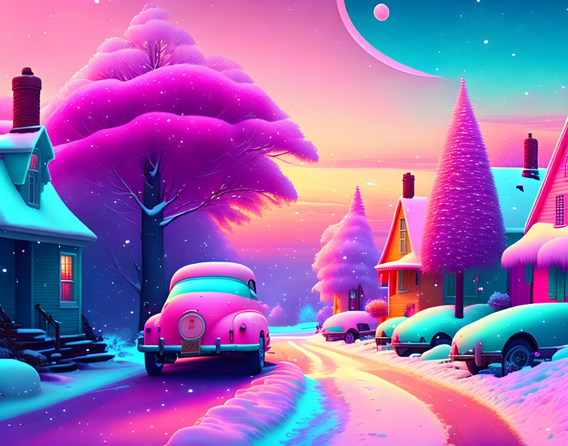 Colorful Winter Scene: Snow-Covered Trees, Pink Hues, Crescent Moon