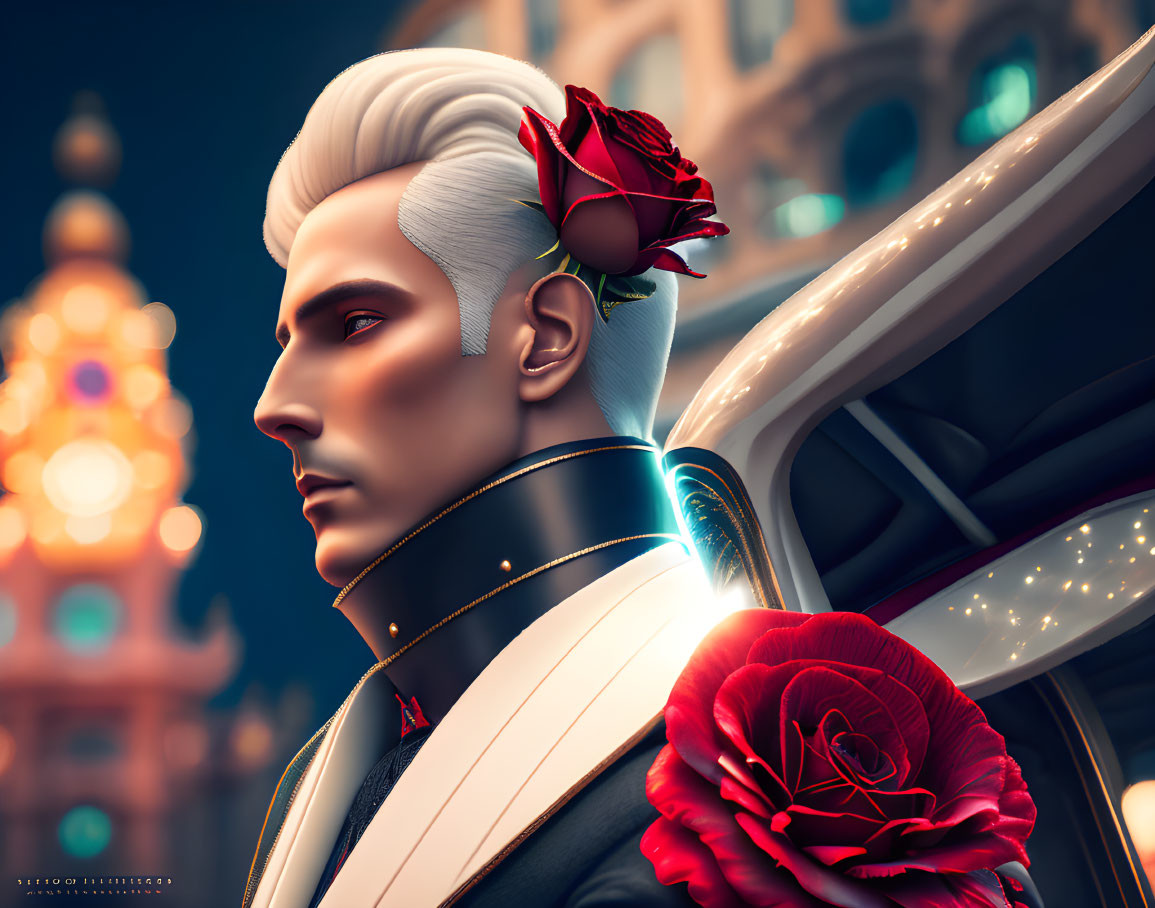 Digital portrait of character with white hair and red rose against cityscape at night