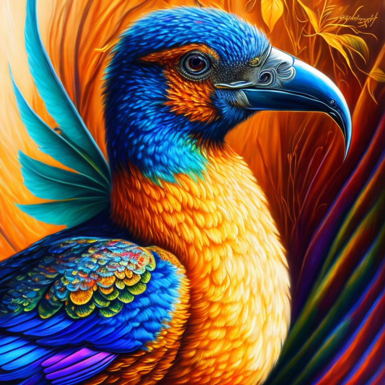 Colorful Bird Artwork with Striking Blue Head and Multicolored Feathers