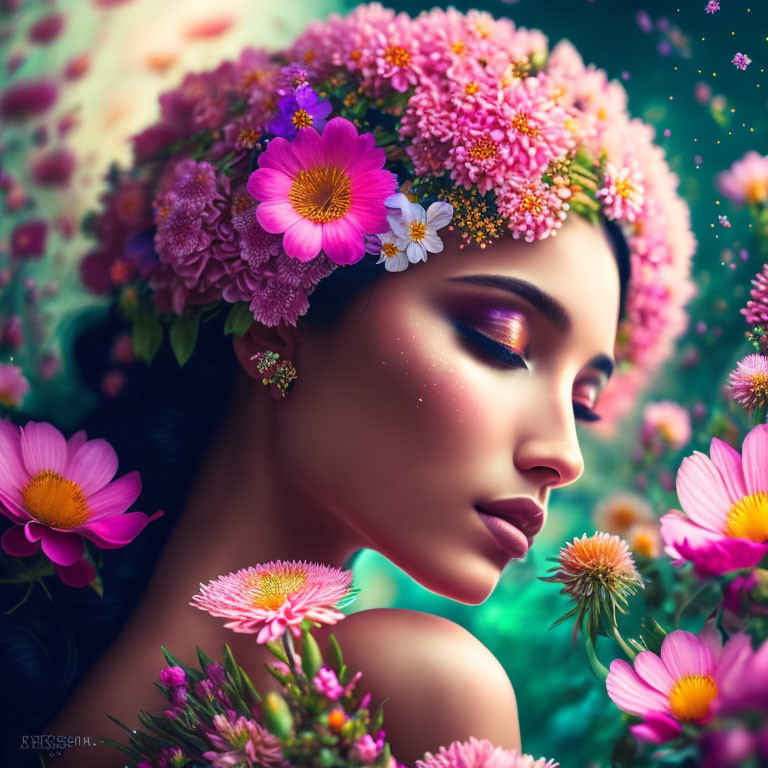 Woman with Floral Crown Surrounded by Vibrant Flowers and Purple Eyeshadow