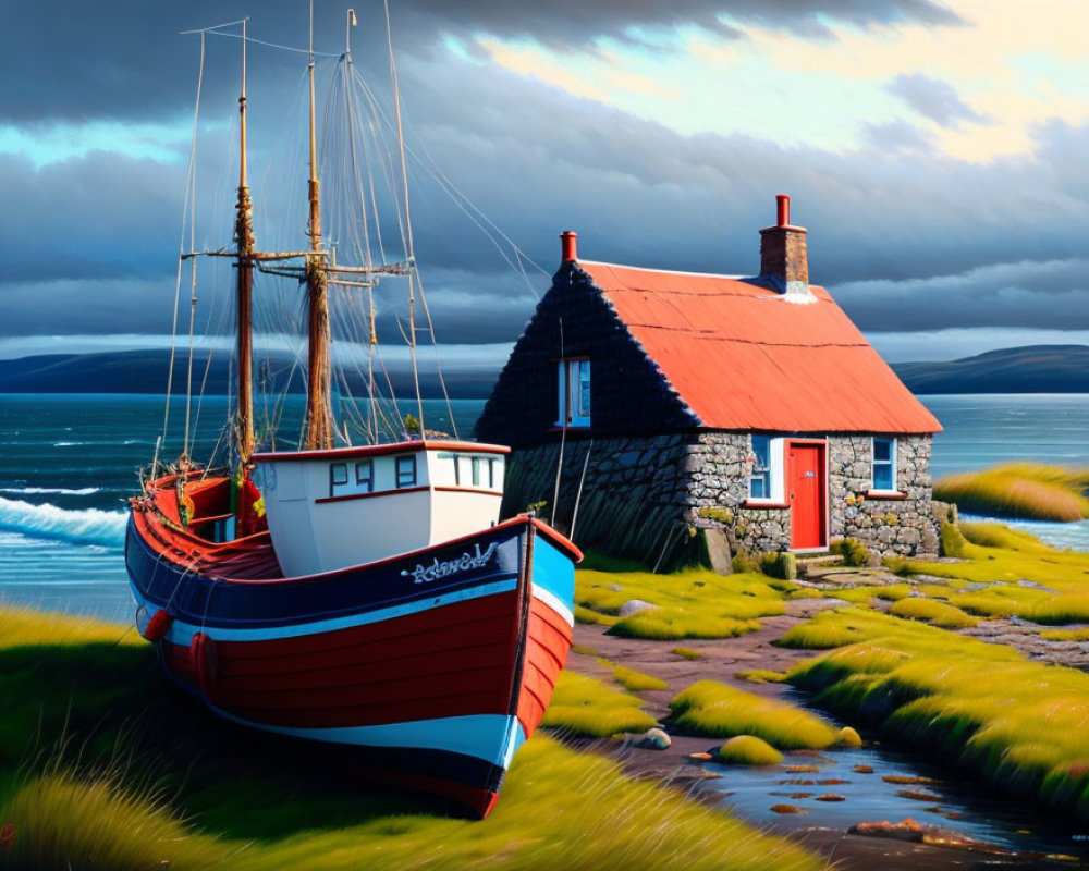 Red and White Boat by Stone Cottage on Green Grass Under Cloudy Sky