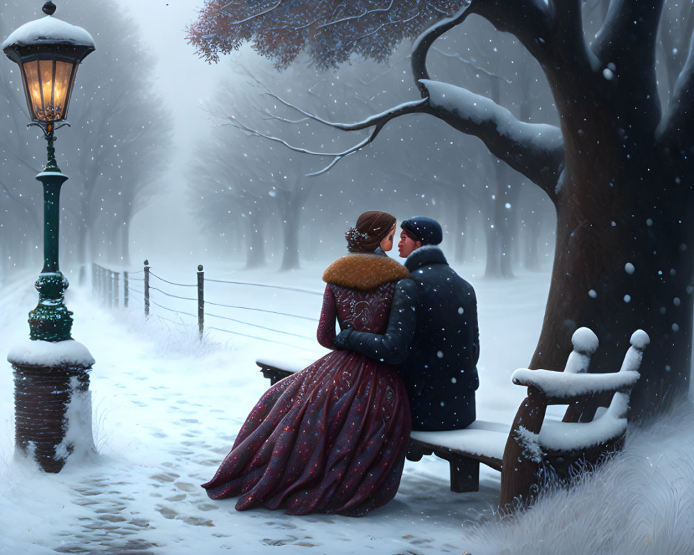 Couple Embraces on Snowy Park Bench in Winter Scene