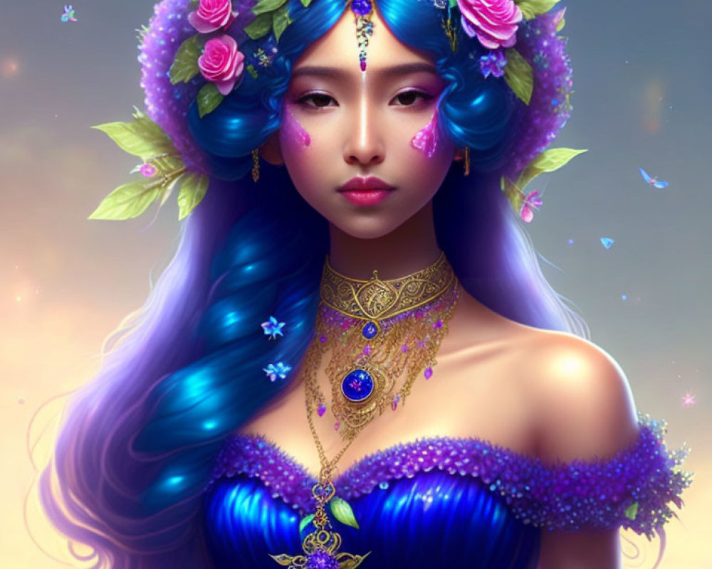 Digital illustration of woman with flowing blue hair, floral wreath, golden jewelry, and butterflies.
