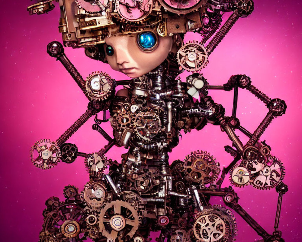 Bronze gear robot with human-like face on pink background