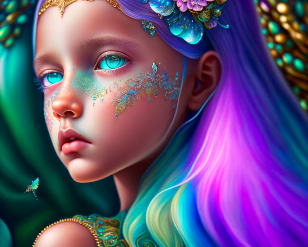 Vibrant digital artwork: girl with multicolored hair and golden facial adornments surrounded by pe