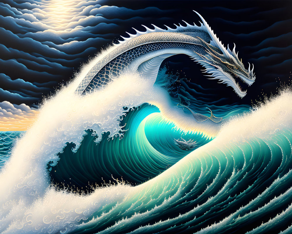 Majestic dragon in ocean waves under moonlit sky