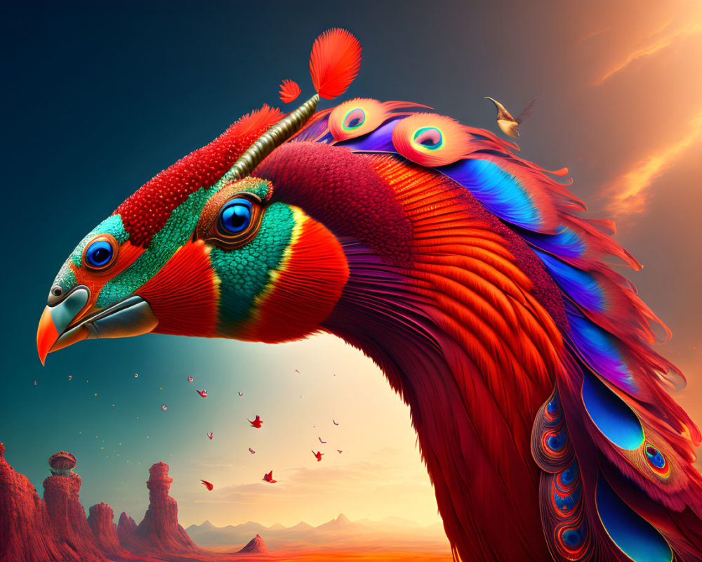 Colorful digital artwork: Peacock with intricate feathers in sunset hues on fantastical landscape
