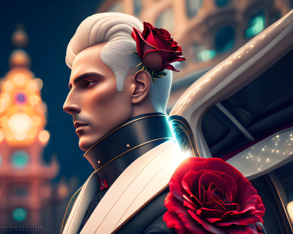 Digital portrait of character with white hair and red rose against cityscape at night