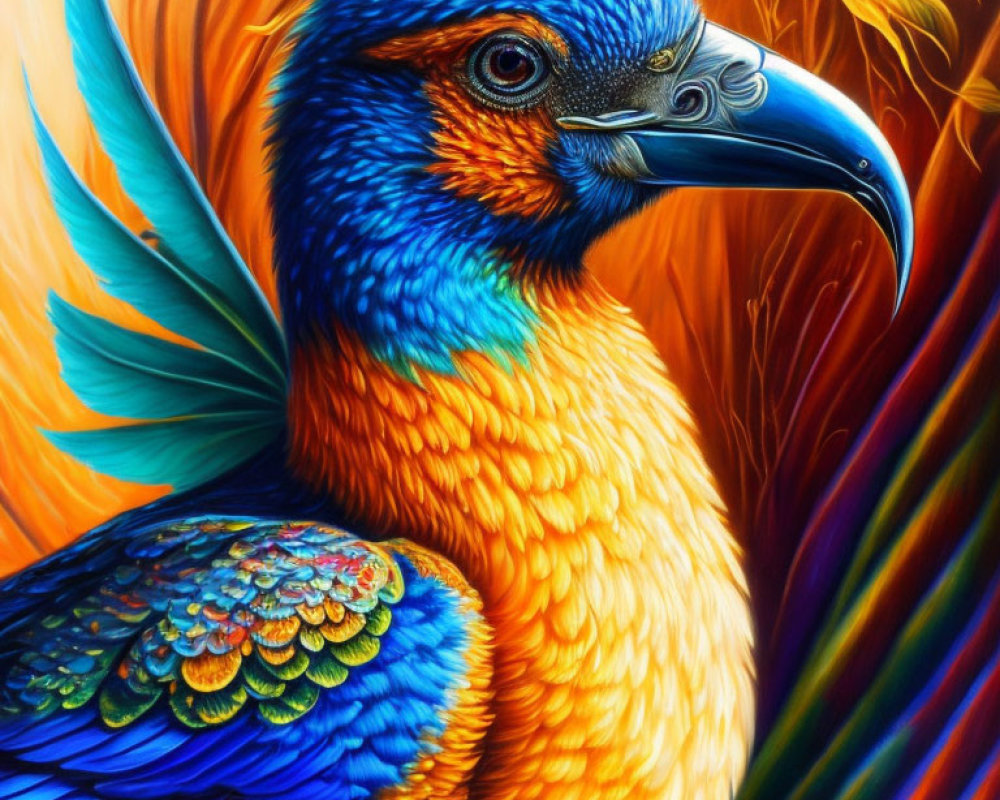 Colorful Bird Artwork with Striking Blue Head and Multicolored Feathers