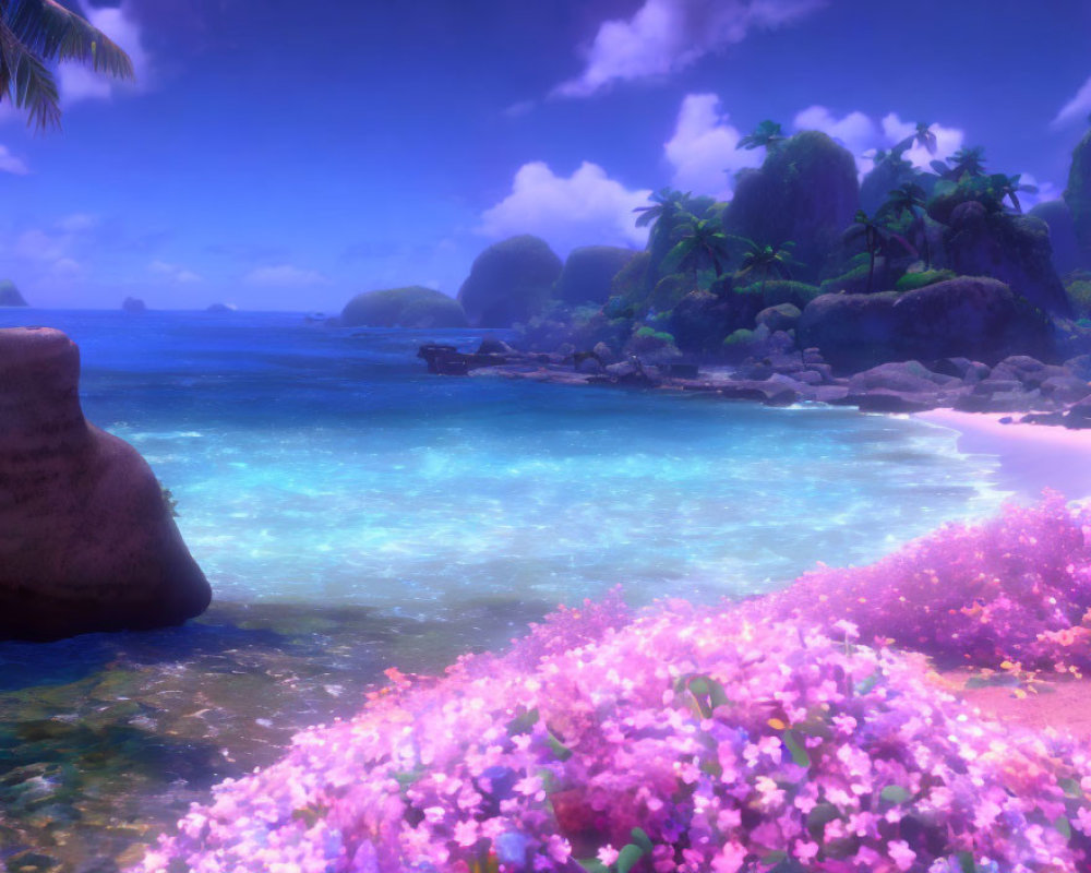 Tranquil Tropical Beach with Pink Flowers, Clear Waters, and Purple Sky