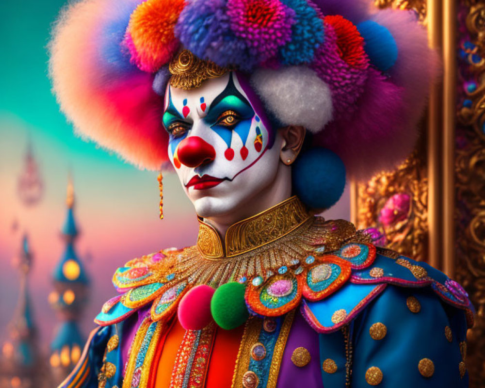 Colorful Clown with Multicolored Wig and Elaborate Costume in Ornate Setting