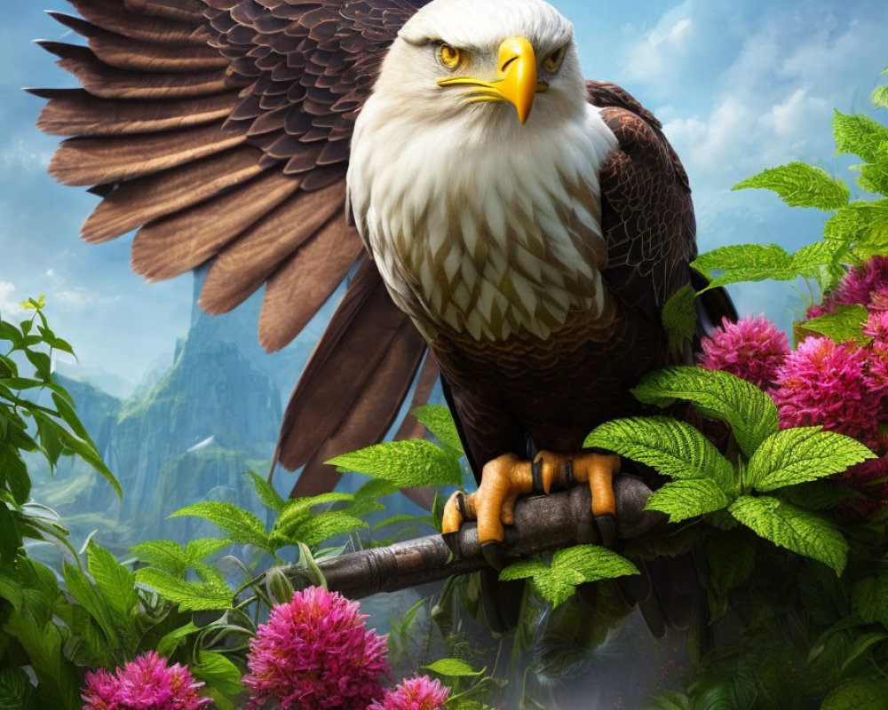 Eagle perched on branch in lush greenery with pink flowers & mountainscape