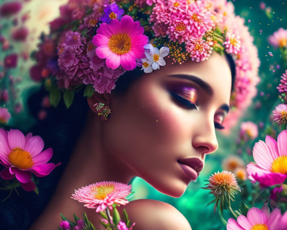 Woman with Floral Crown Surrounded by Vibrant Flowers and Purple Eyeshadow
