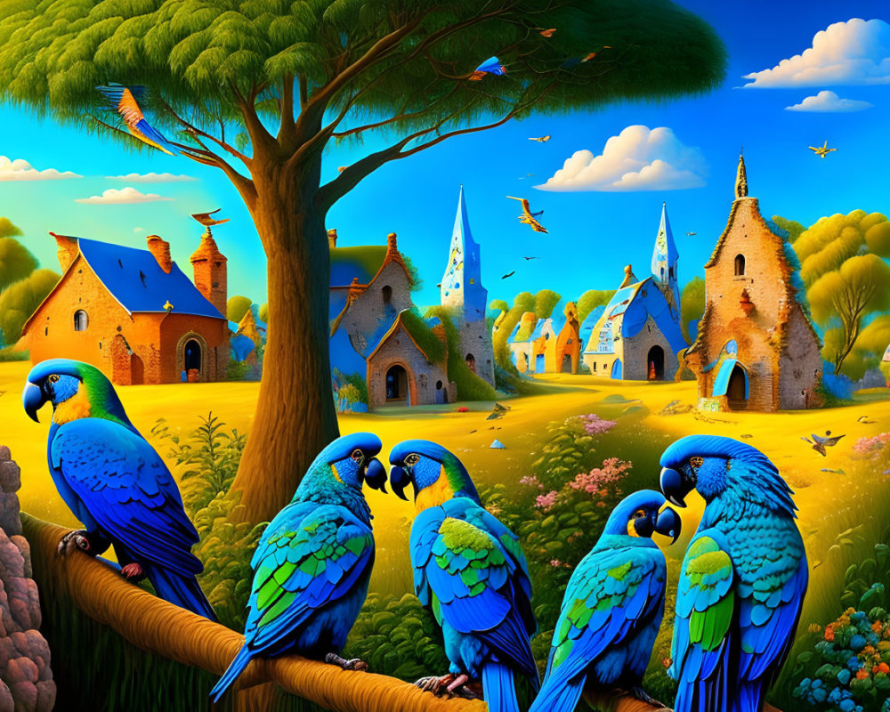 Colorful blue parrots on branch with whimsical village and lush tree in background