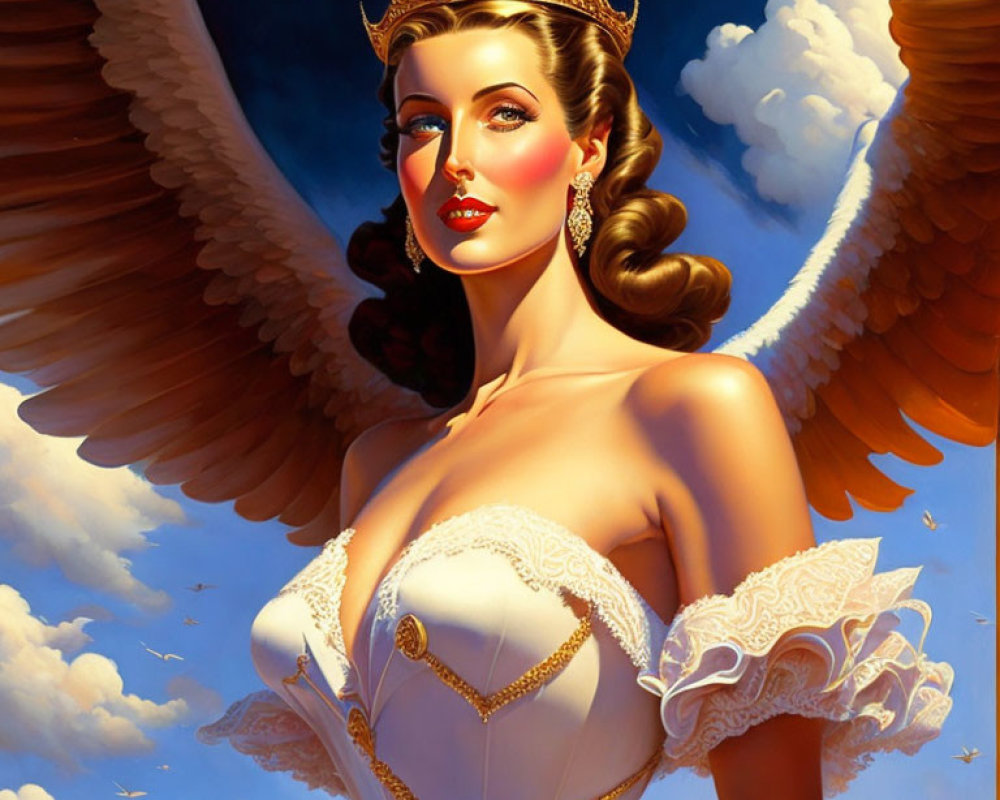 Majestic female figure with angelic wings and crown in sky backdrop