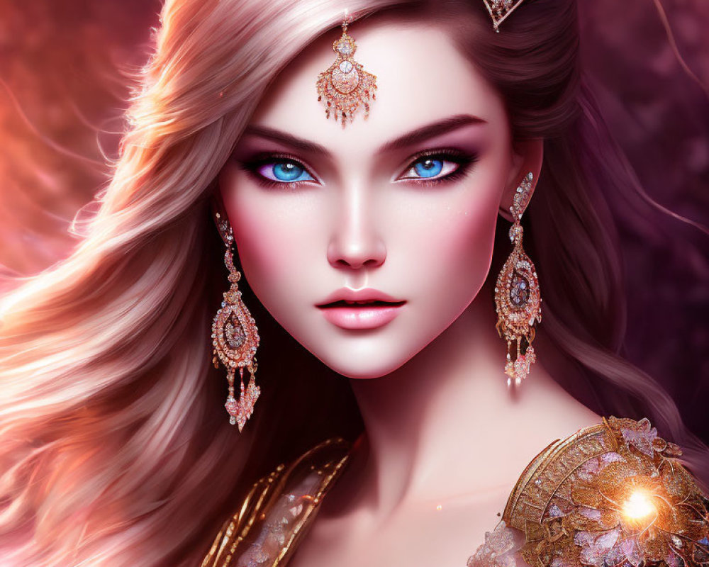 Fantasy queen digital portrait with blue eyes and jeweled accessories