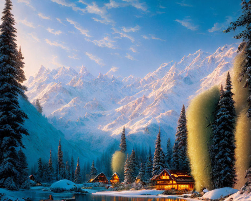 Snow-covered mountainous backdrop with calm lake, illuminated cabins, and twilight sky