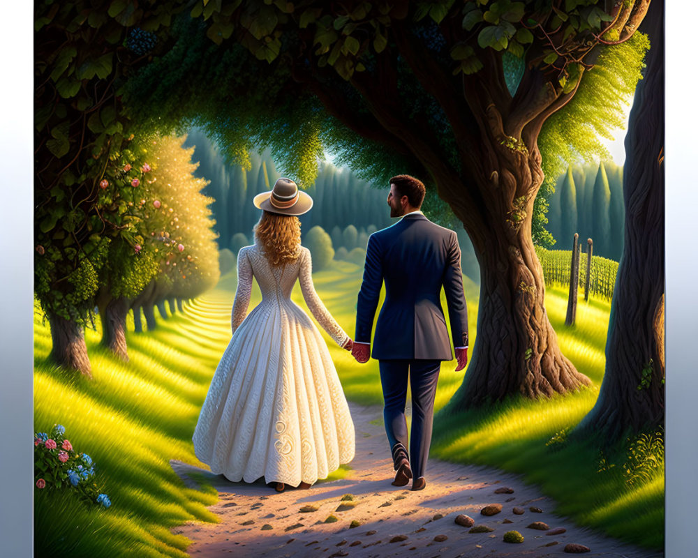 Formal couple strolling on sunlit path through trees