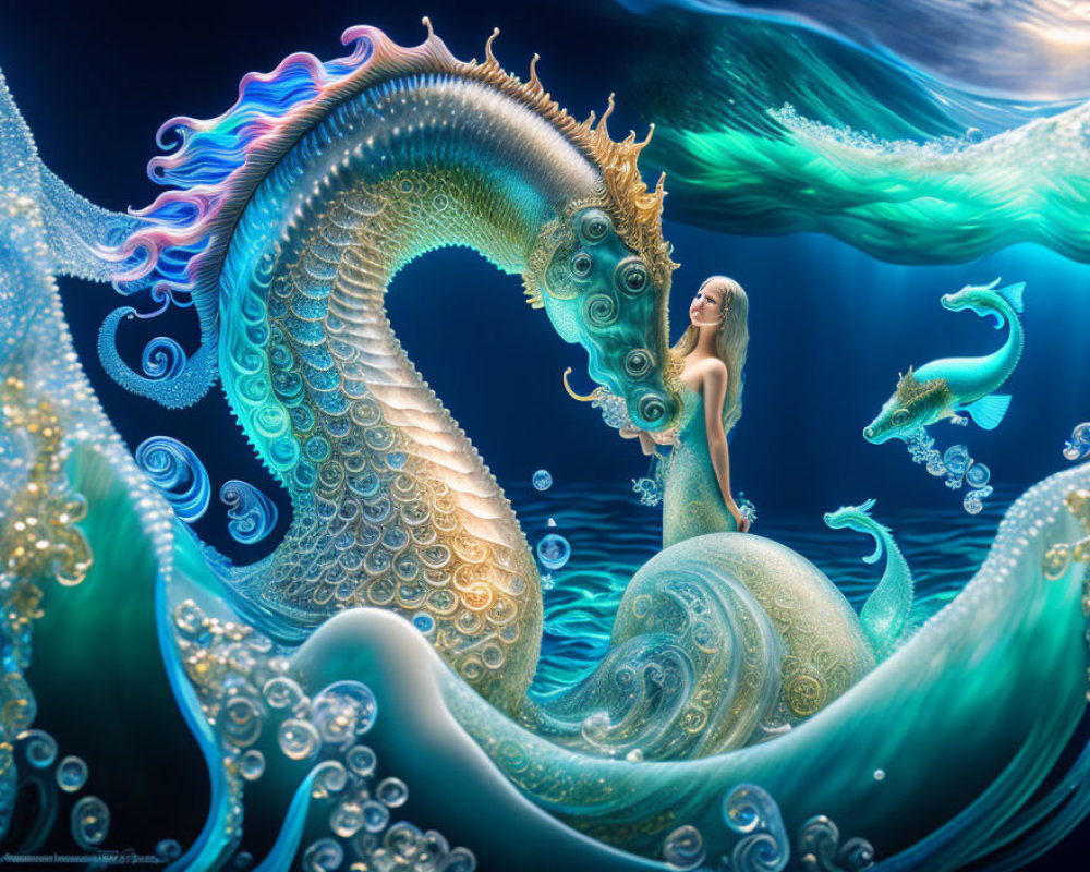 Fantasy illustration of a woman riding a sea horse in underwater scene